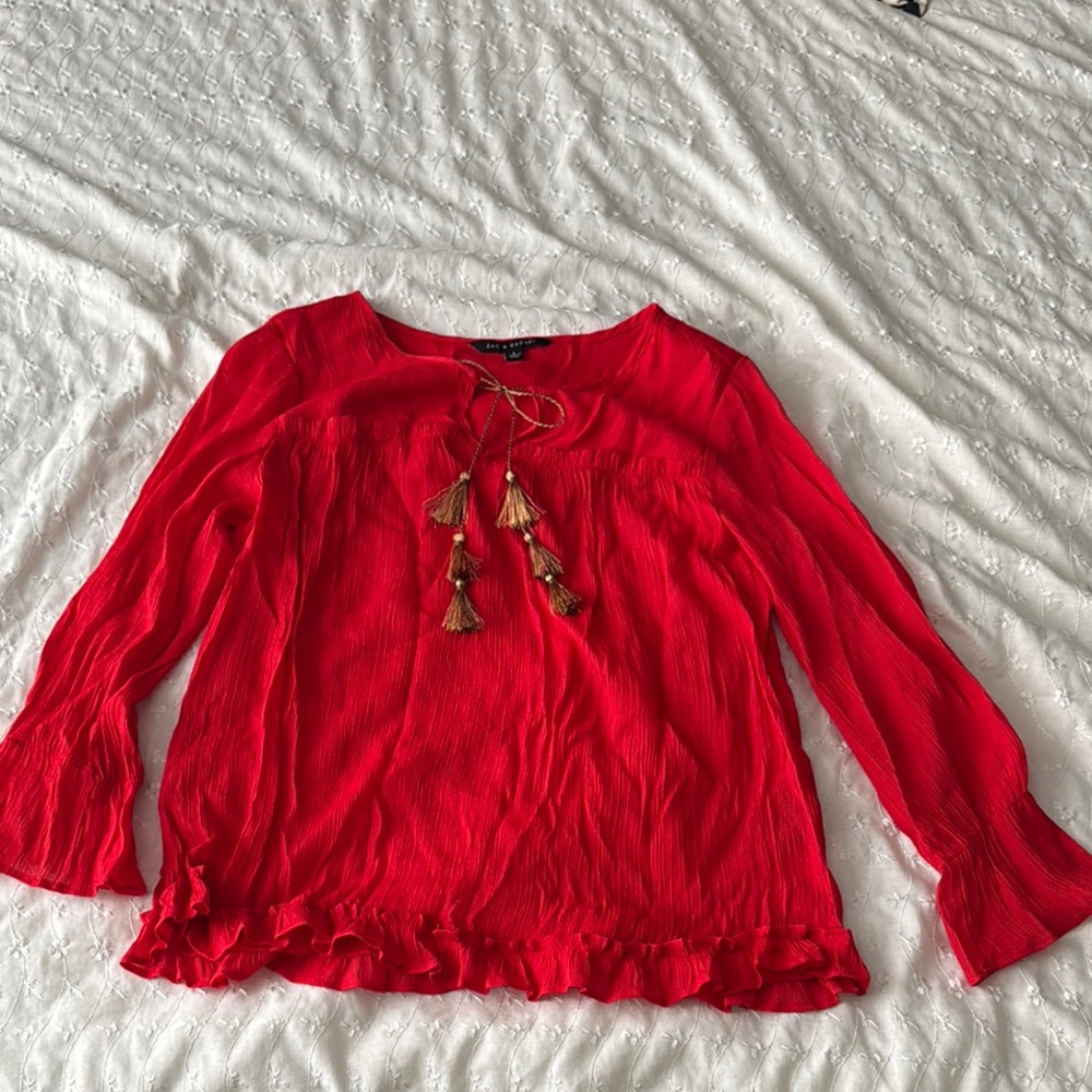 Zac & Rachel Vibrant Red Blouse with Tassel Accents